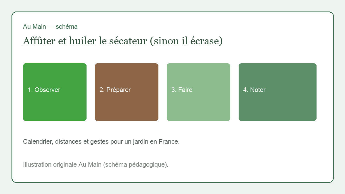 Sécateur bypass ouvert, biseau de la lame contre une pierre à eau humide