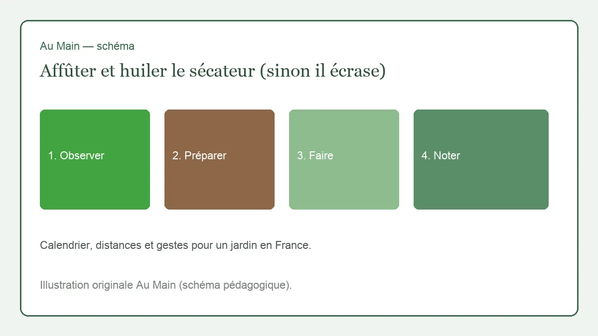 Sécateur bypass ouvert, biseau de la lame contre une pierre à eau humide