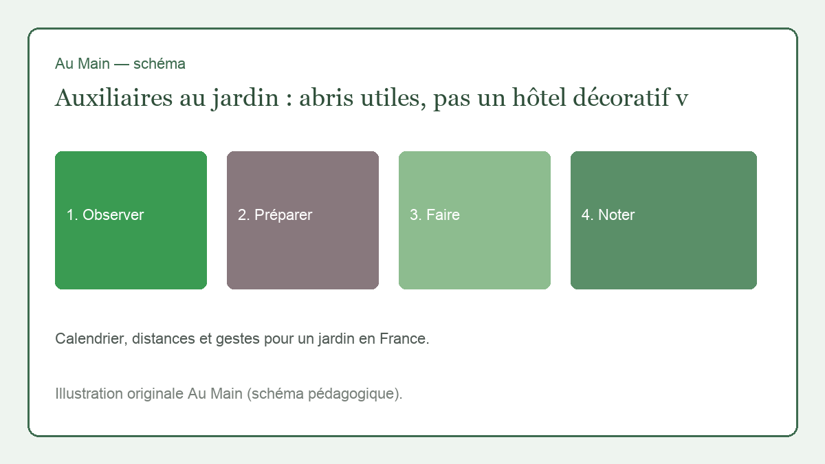 Haie basse de noisetier et viorne, coupelle d’eau au café, potager au premier plan, aucun hôtel coloré.