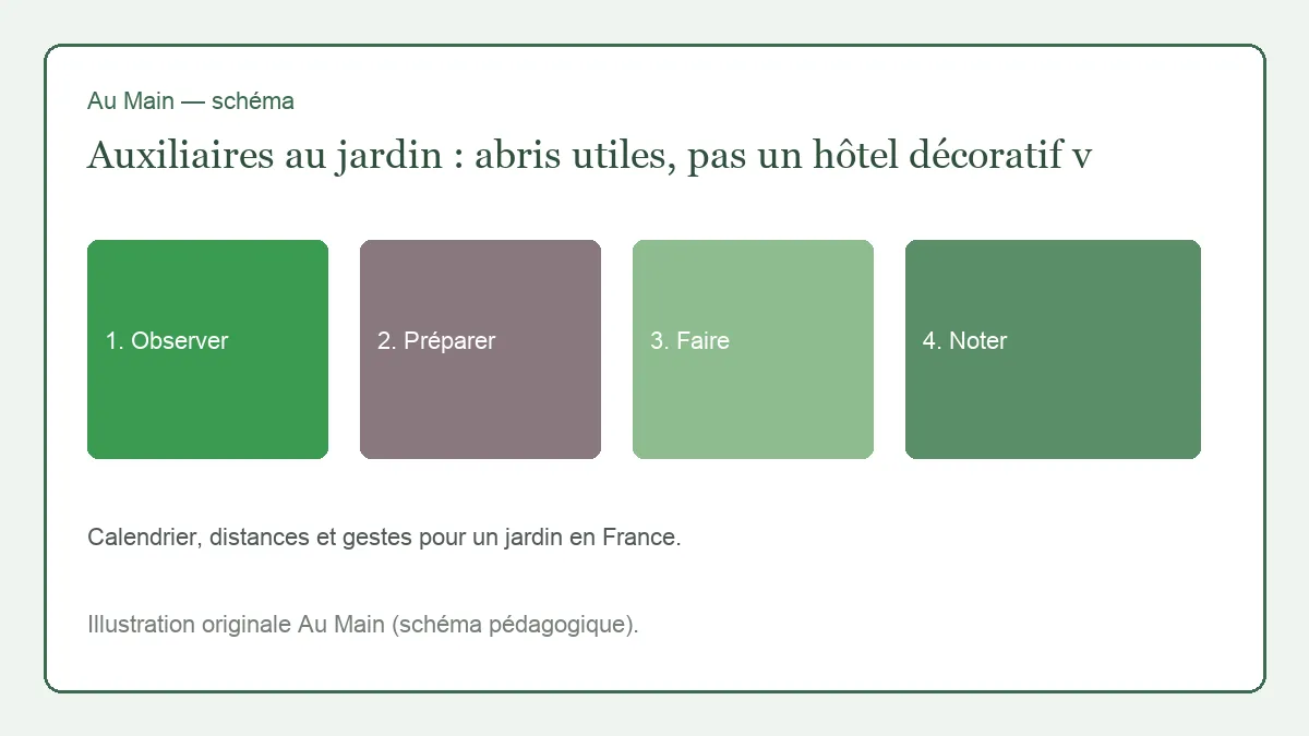 Haie basse de noisetier et viorne, coupelle d’eau au café, potager au premier plan, aucun hôtel coloré.