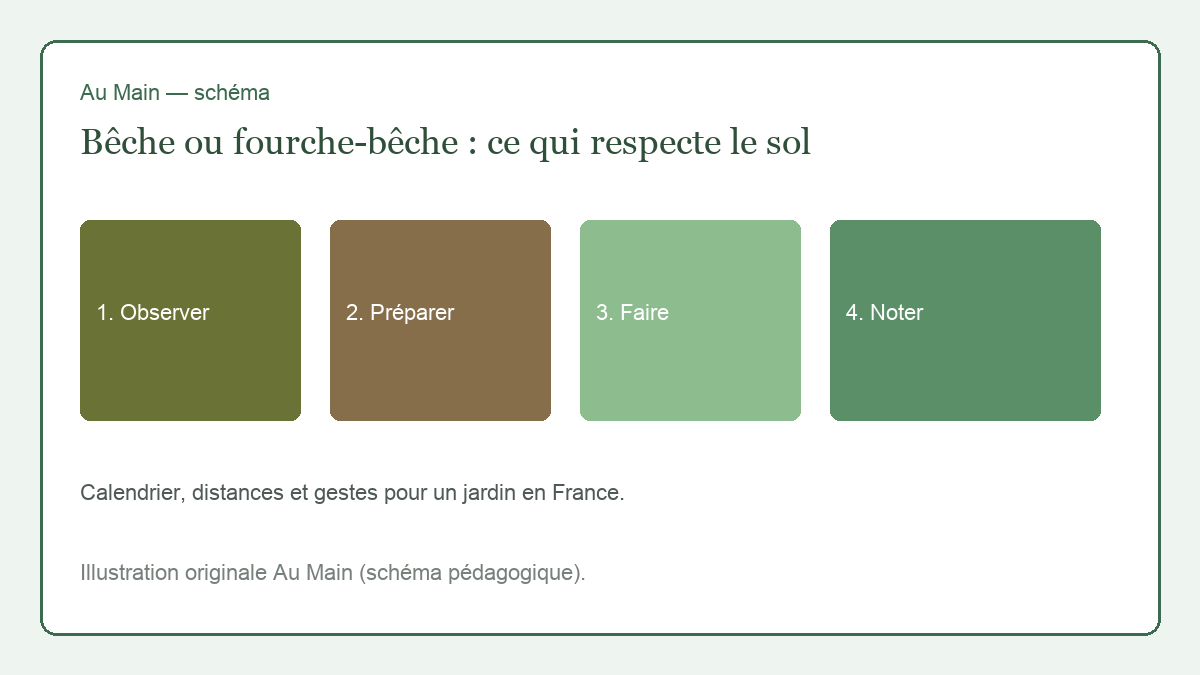 Fourche-bêche enfoncée verticalement, mottes soulevées sans être retournées, vers visibles