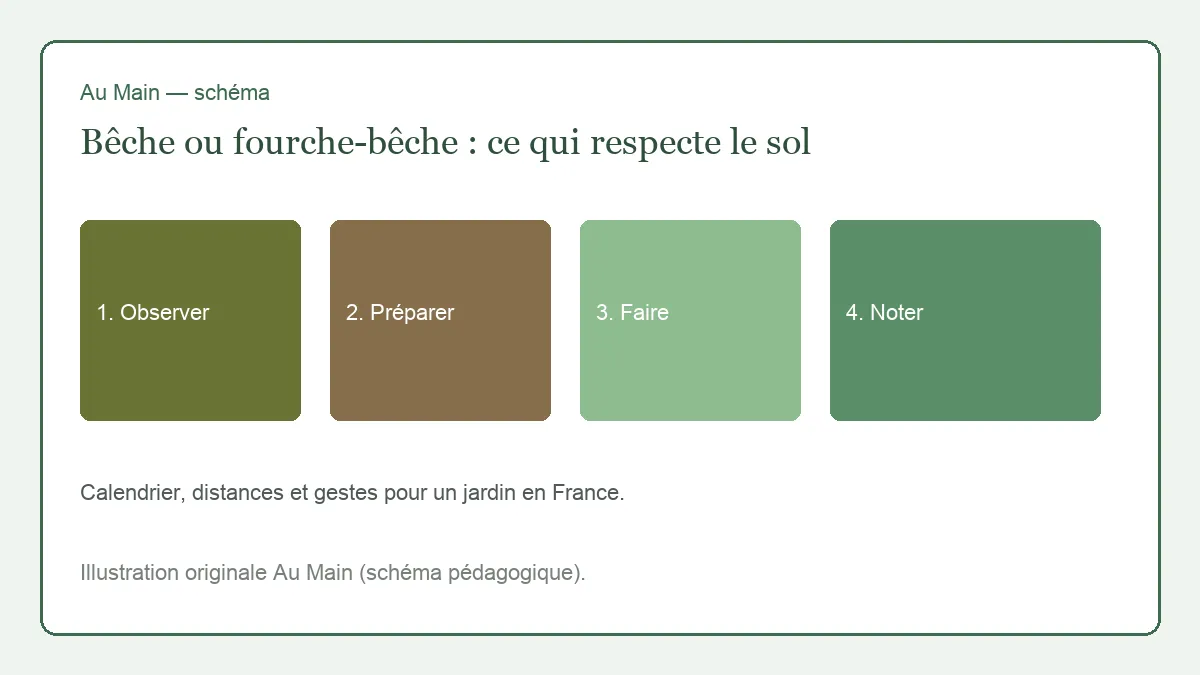 Fourche-bêche enfoncée verticalement, mottes soulevées sans être retournées, vers visibles