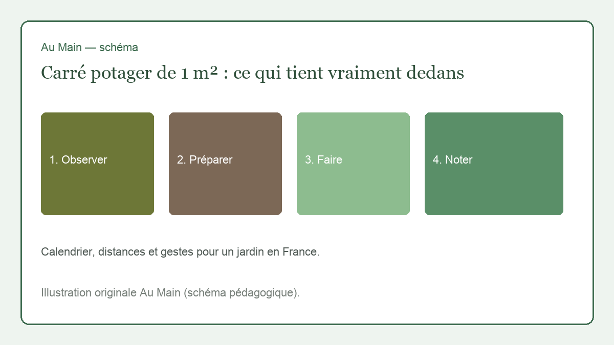 Carré potager d’un mètre de côté avec une courgette unique, laitues en bordure et paillis