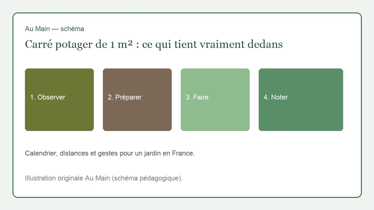 Carré potager d’un mètre de côté avec une courgette unique, laitues en bordure et paillis