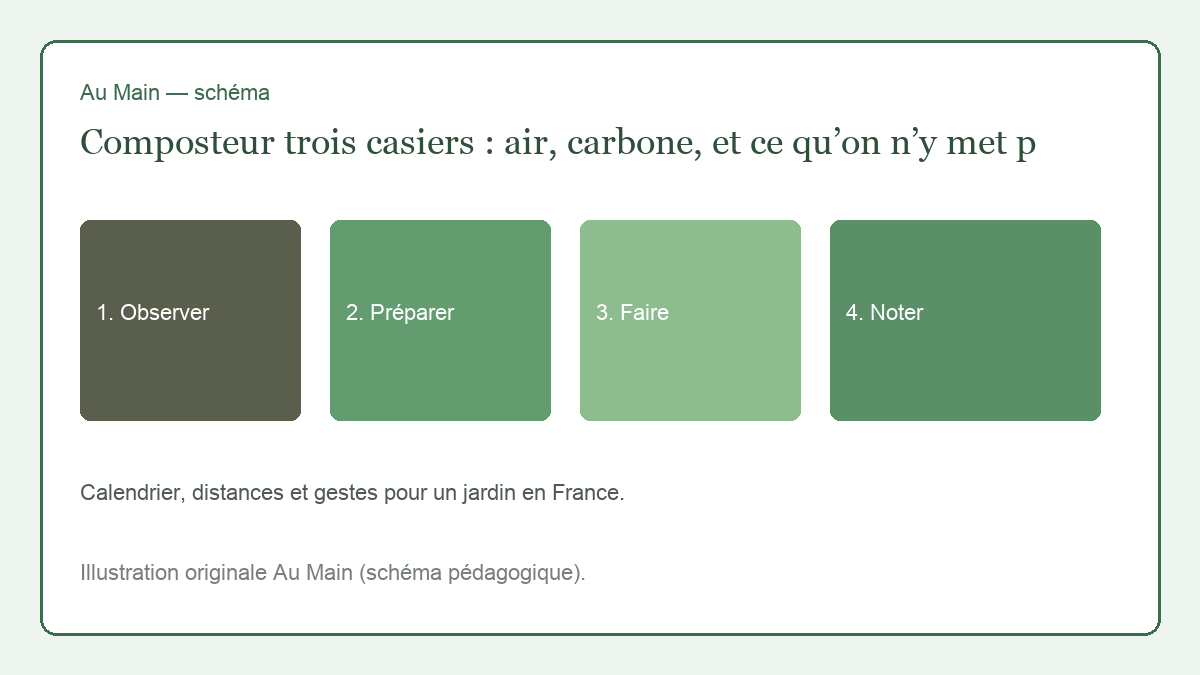Trois casiers de compost en palettes, un tas sombre mûr à droite, apports mêlés à gauche