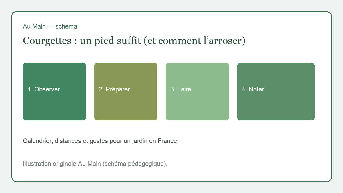 Pied unique de courgette paillé, cuvette d’arrosage au collet, feuilles du bas aérées