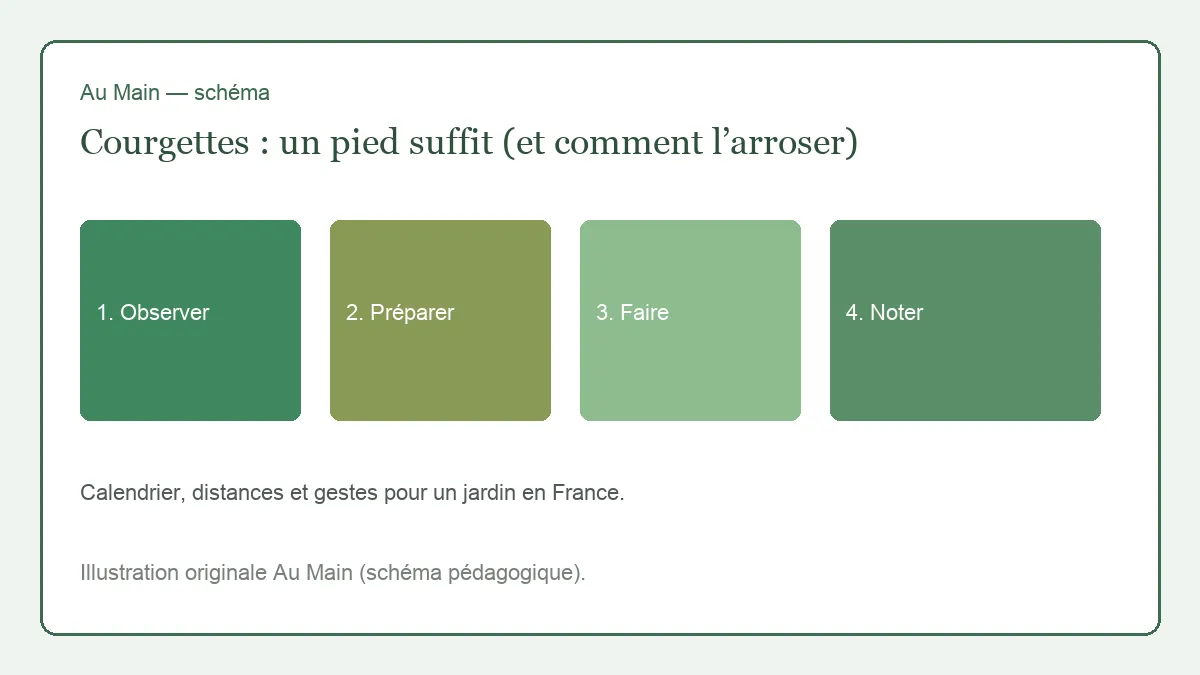 Pied unique de courgette paillé, cuvette d’arrosage au collet, feuilles du bas aérées