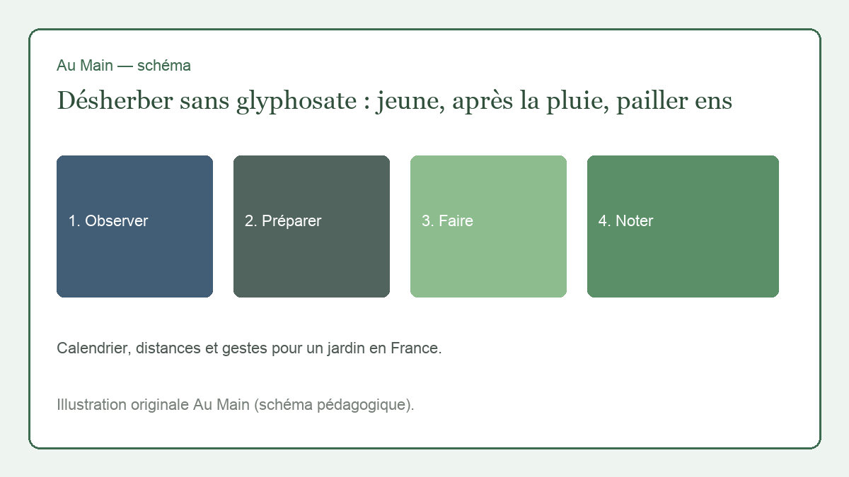 Binette à lame plate le long d’une planche de carottes, adventices au stade deux feuilles, terre encore sombre après la pluie.