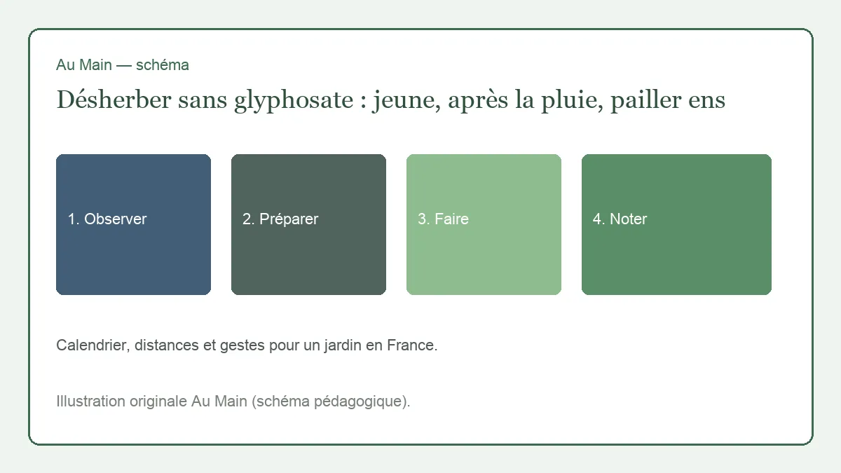 Binette à lame plate le long d’une planche de carottes, adventices au stade deux feuilles, terre encore sombre après la pluie.