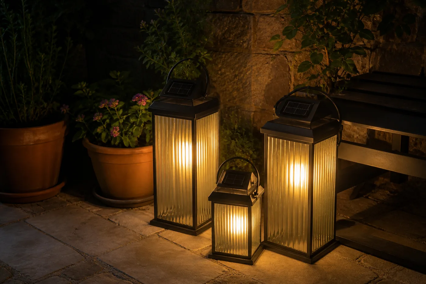 Trois lampions solaires groupés sur une terrasse, lumière chaude, pas d’alignement de magasin