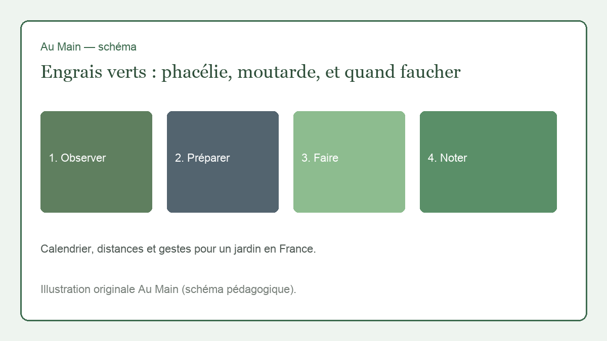 Bande de phacélie mauve en fleurs devant une planche de poireaux, cisaille posée sur le bord.
