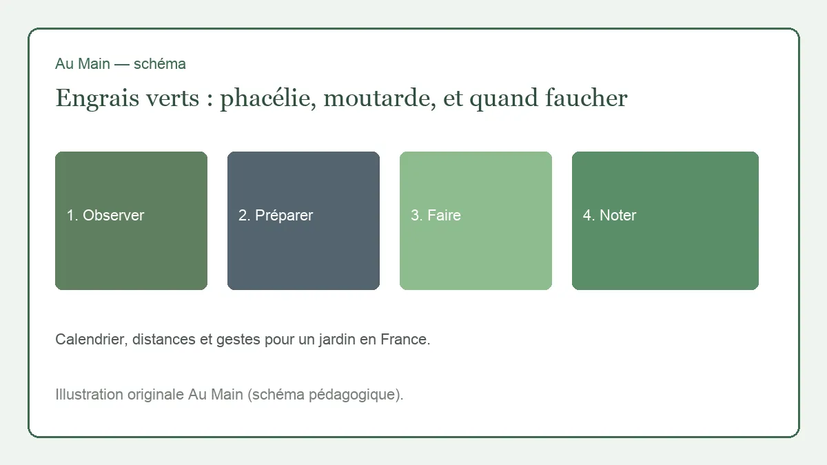 Bande de phacélie mauve en fleurs devant une planche de poireaux, cisaille posée sur le bord.