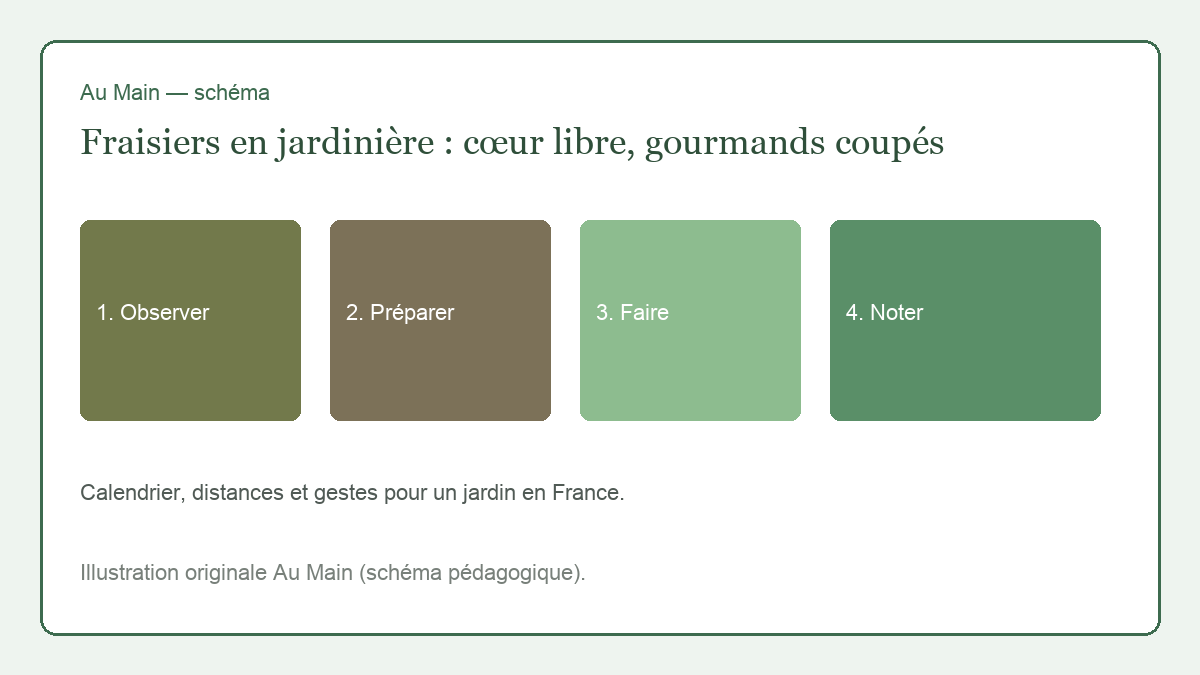 Fraisier en jardinière, collet au niveau du terreau, gourmand coupé, fruits sur un lit de paille