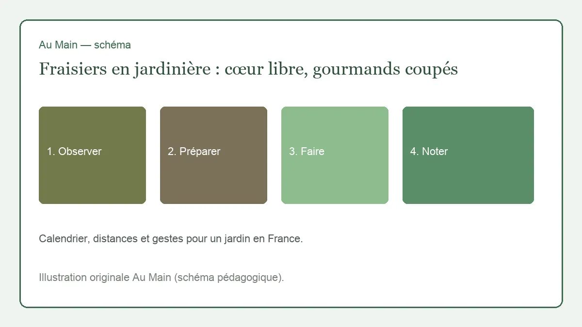 Fraisier en jardinière, collet au niveau du terreau, gourmand coupé, fruits sur un lit de paille
