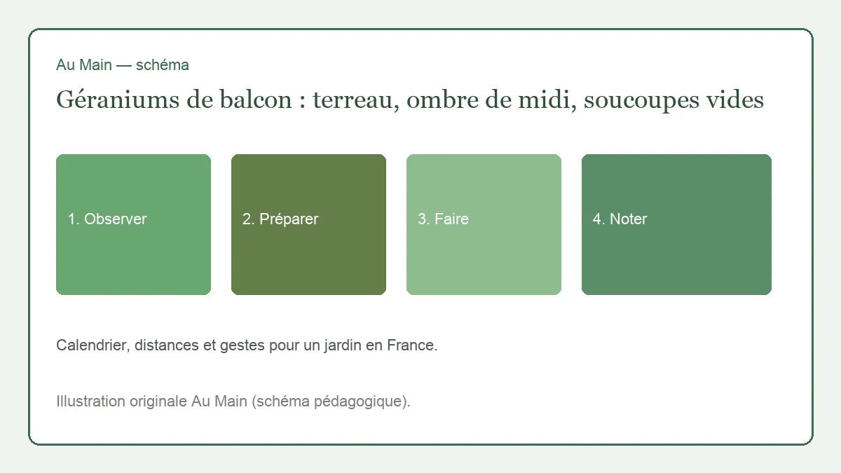 Jardinière de pélargoniums au balcon, soucoupe vide sous les pots percés