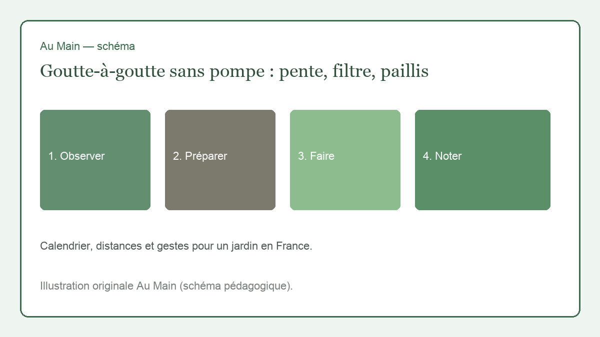 Cuve surélevée, filtre à l’entrée, tuyau de goutte-à-goutte en pente le long d’un rang de tomates paillé