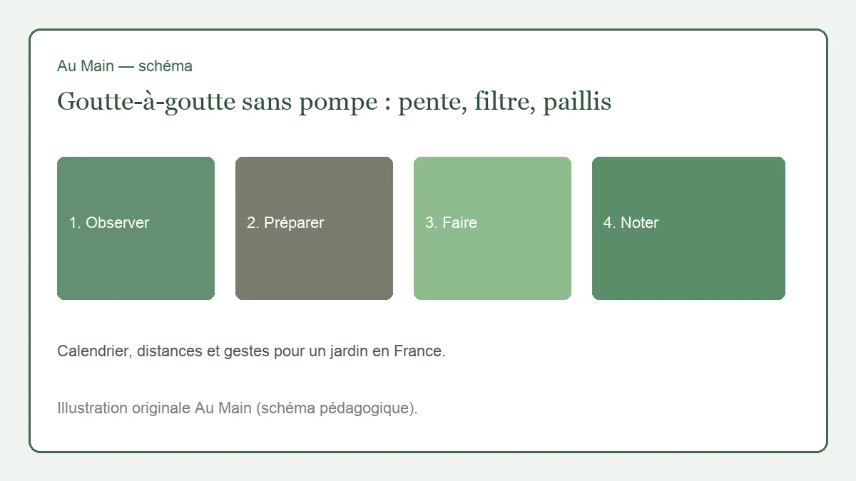 Cuve surélevée, filtre à l’entrée, tuyau de goutte-à-goutte en pente le long d’un rang de tomates paillé