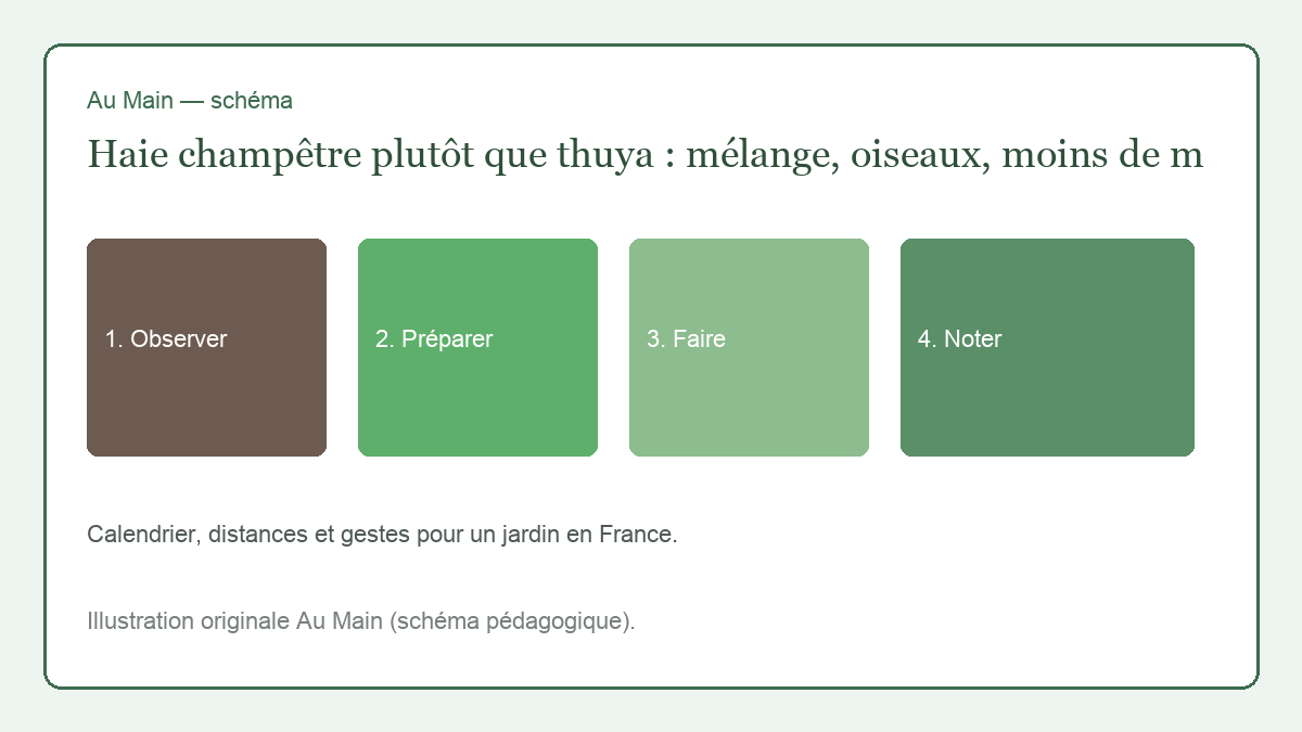 Jeune haie mixte de charmes et noisetiers le long d’un grillage, paillis au pied, tuteurage léger.