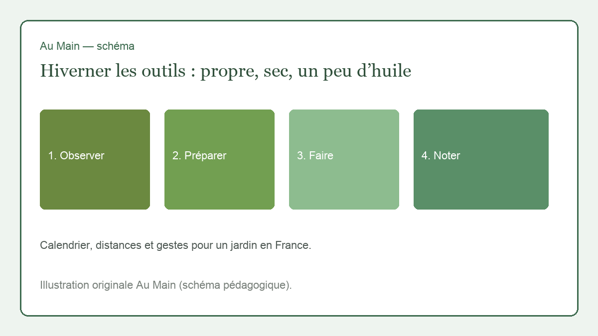 Outils de jardin nettoyés, manches huilés à l’huile de lin, fers légèrement huilés sur un établi d’appentis