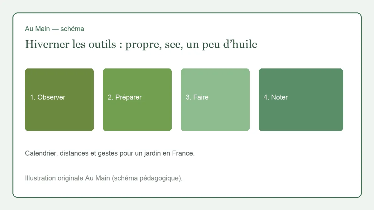 Outils de jardin nettoyés, manches huilés à l’huile de lin, fers légèrement huilés sur un établi d’appentis