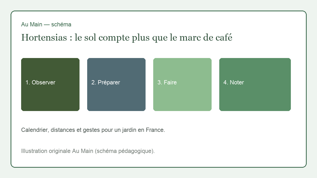 Hortensia en terre fraîche à mi-ombre, sol paillé de feuilles, sans marc de café