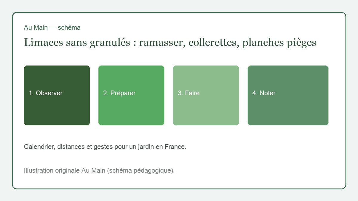 Lampe frontale, seau et main qui soulève une jeune laitue pour ramasser une limace à l’aube, terre encore mouillée.
