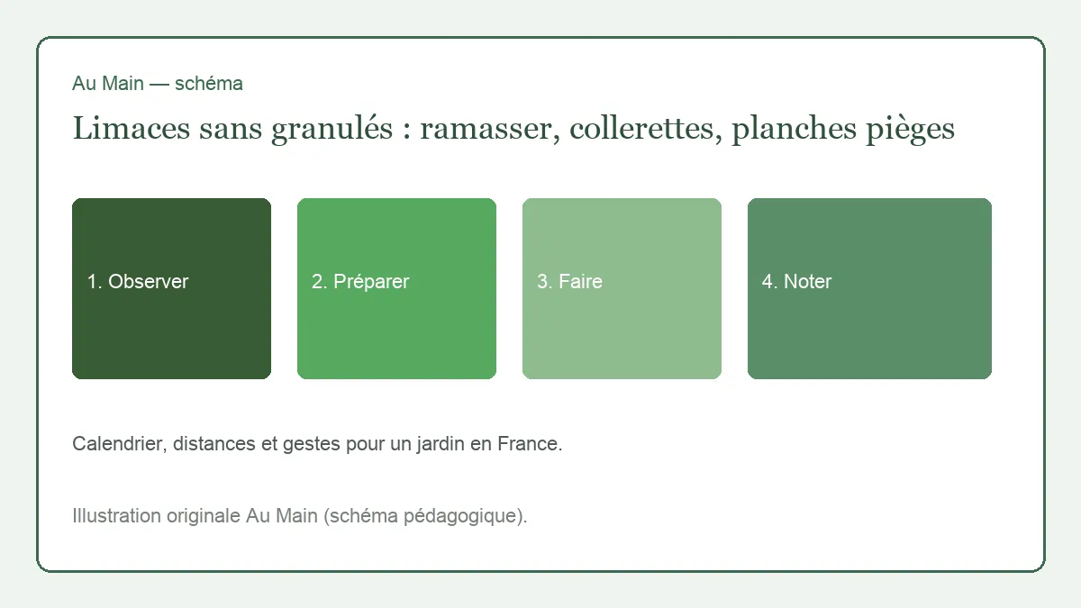 Lampe frontale, seau et main qui soulève une jeune laitue pour ramasser une limace à l’aube, terre encore mouillée.