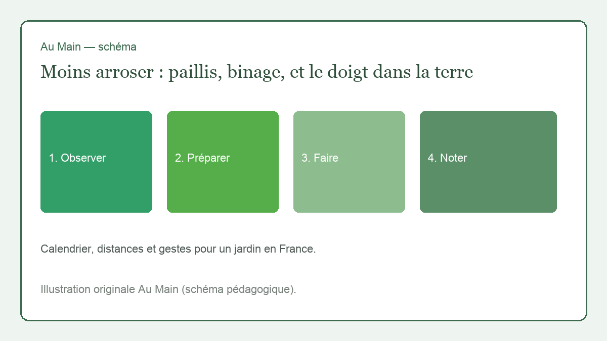Main dont l’index est enfoncé dans la terre au pied d’une tomate paillée, arrosoir posé à côté, pas de tuyau en action.