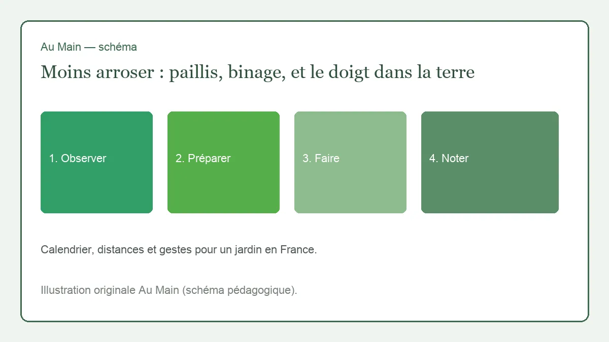 Main dont l’index est enfoncé dans la terre au pied d’une tomate paillée, arrosoir posé à côté, pas de tuyau en action.