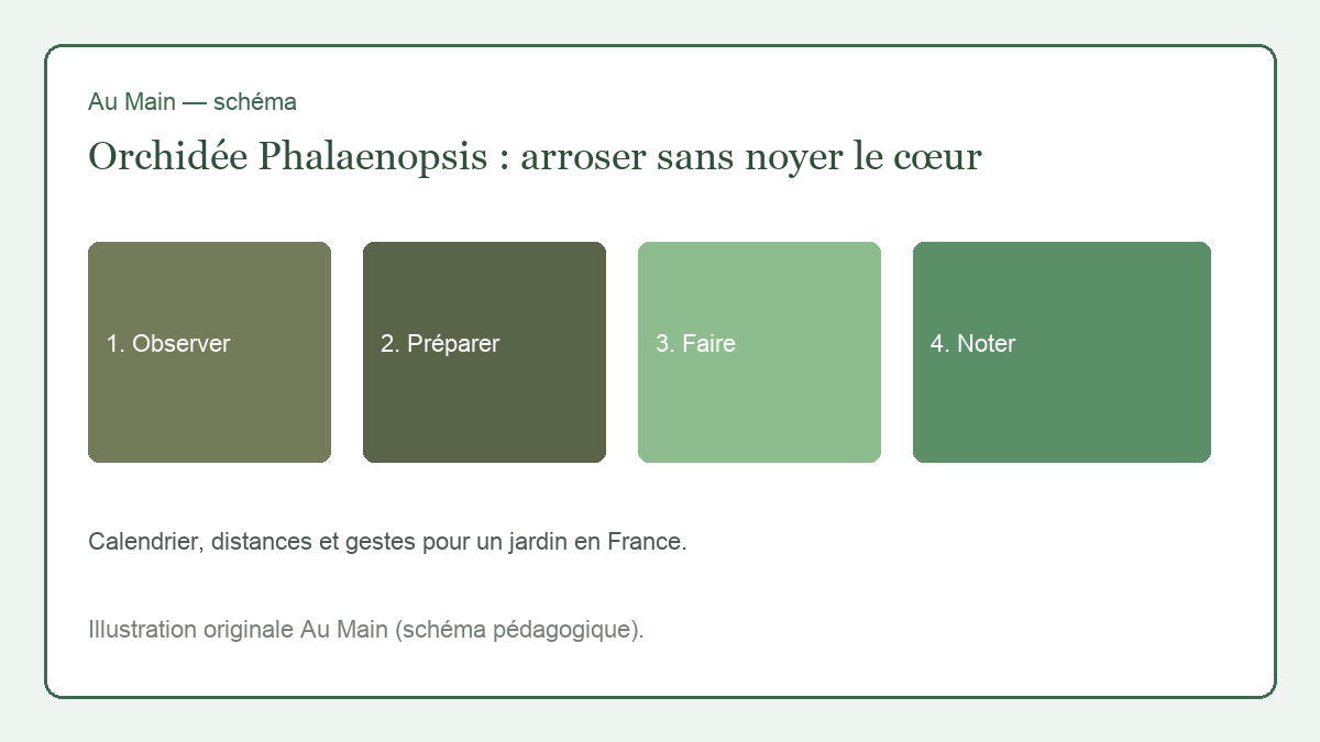 Phalaenopsis en pot transparent, écorce humide après trempage, cœur de la rosette resté sec