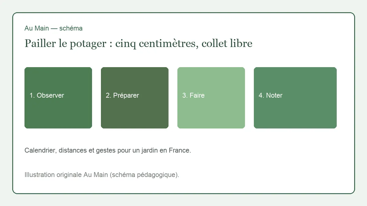 Rang de tomates paillé, cercle de terre nue autour de chaque collet, tontes séchées entre les pieds