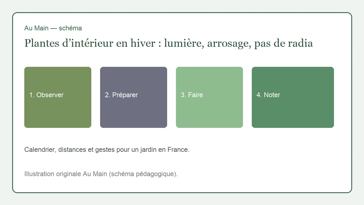 Pots de pothos et de sansevière près d’une fenêtre d’hiver, éloignés du radiateur
