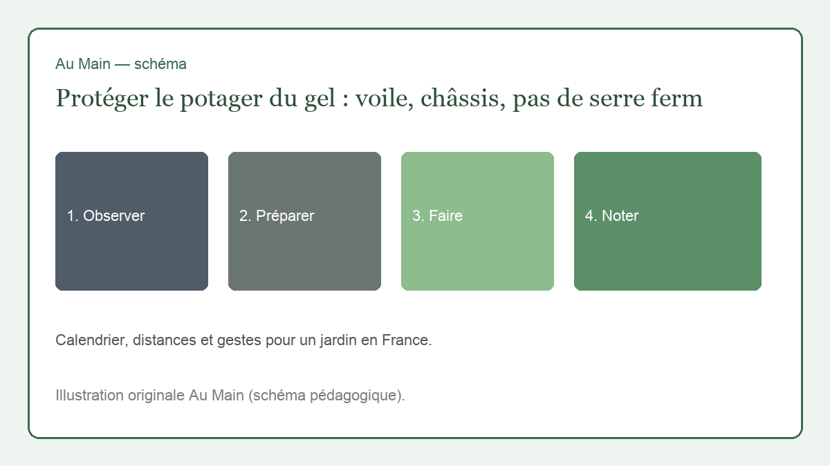 Voile d’hivernage blanc sur arceaux au-dessus de jeunes laitues, bords calés par des planches, ciel encore pâle.