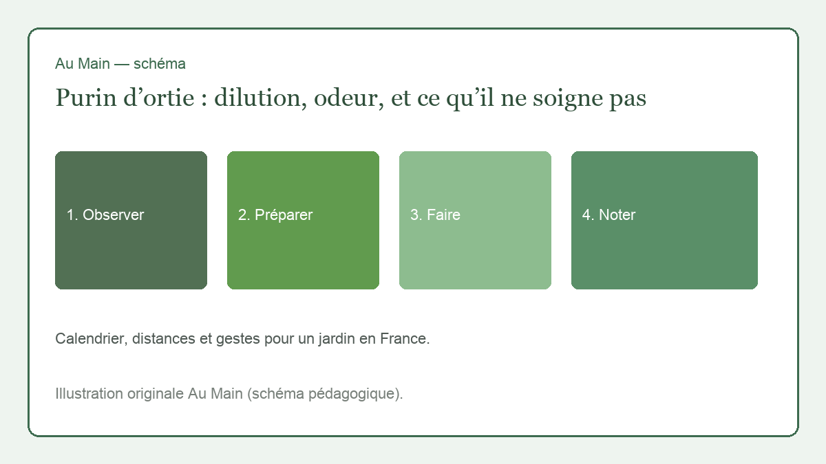 Seau plastique d’orties en macération, bâton pour remuer, passoire et arrosoir à pomme, au fond d’un jardin.