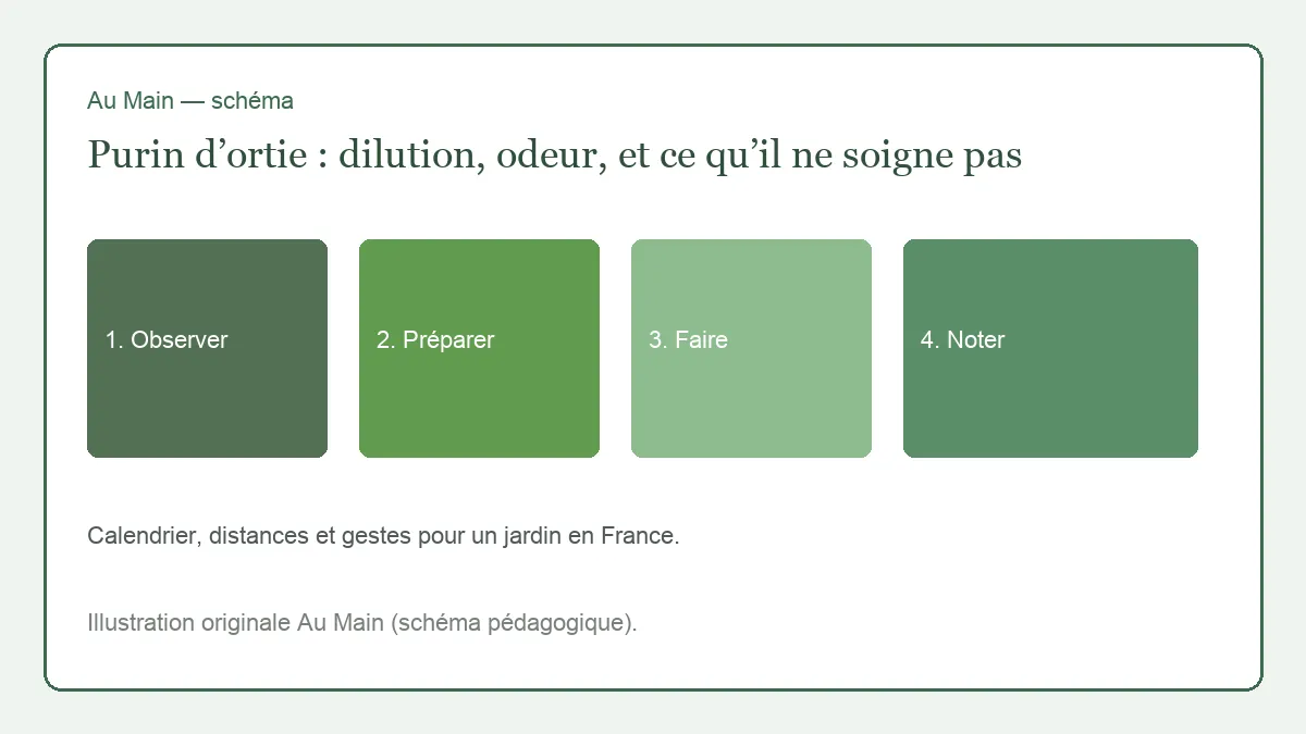 Seau plastique d’orties en macération, bâton pour remuer, passoire et arrosoir à pomme, au fond d’un jardin.