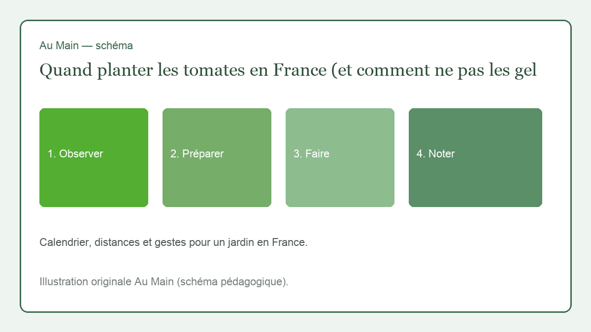 Godets de tomates trapus près d’un châssis, voile P17 plié à côté, jardin de plaine en mai