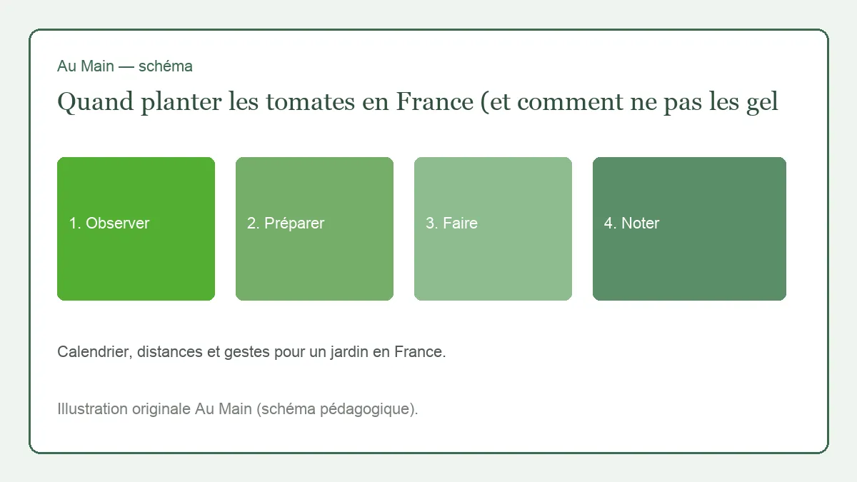 Godets de tomates trapus près d’un châssis, voile P17 plié à côté, jardin de plaine en mai