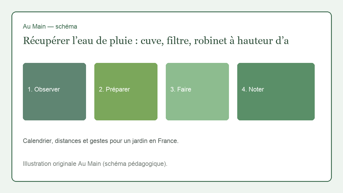 Cuve de pluie sur parpaings, filtre de descente, trop-plein et robinet à hauteur d’arrosoir