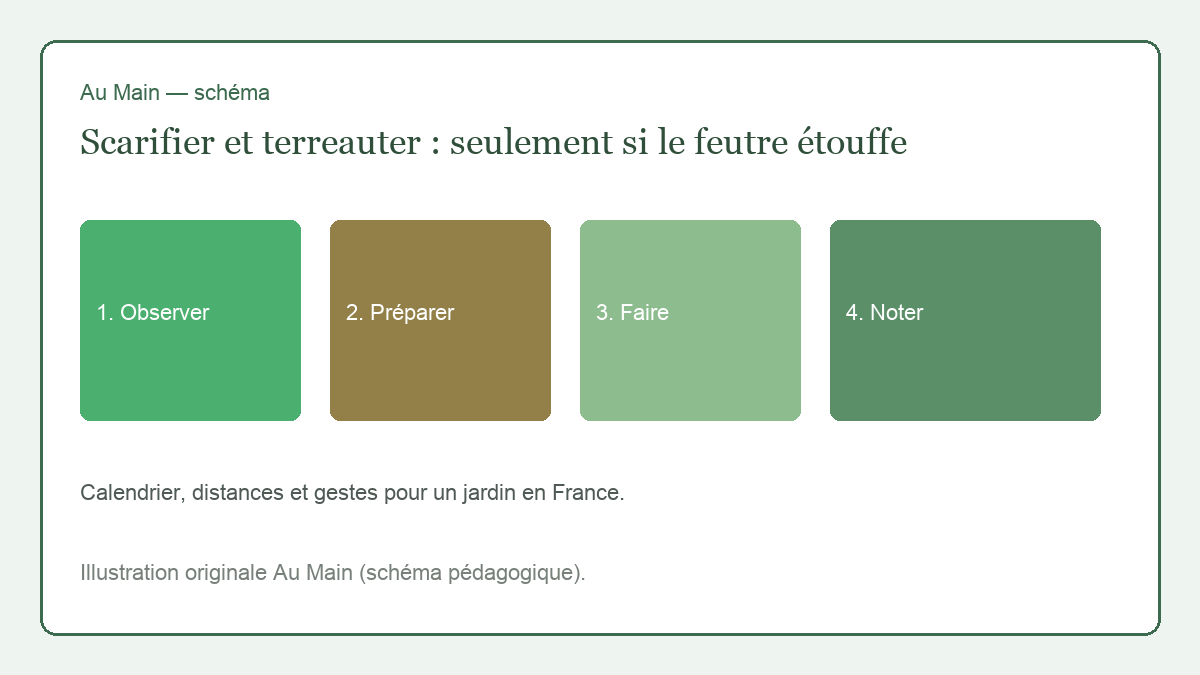 Carotte de gazon coupée au couteau, couche de feutre mesurée entre l’herbe et la terre