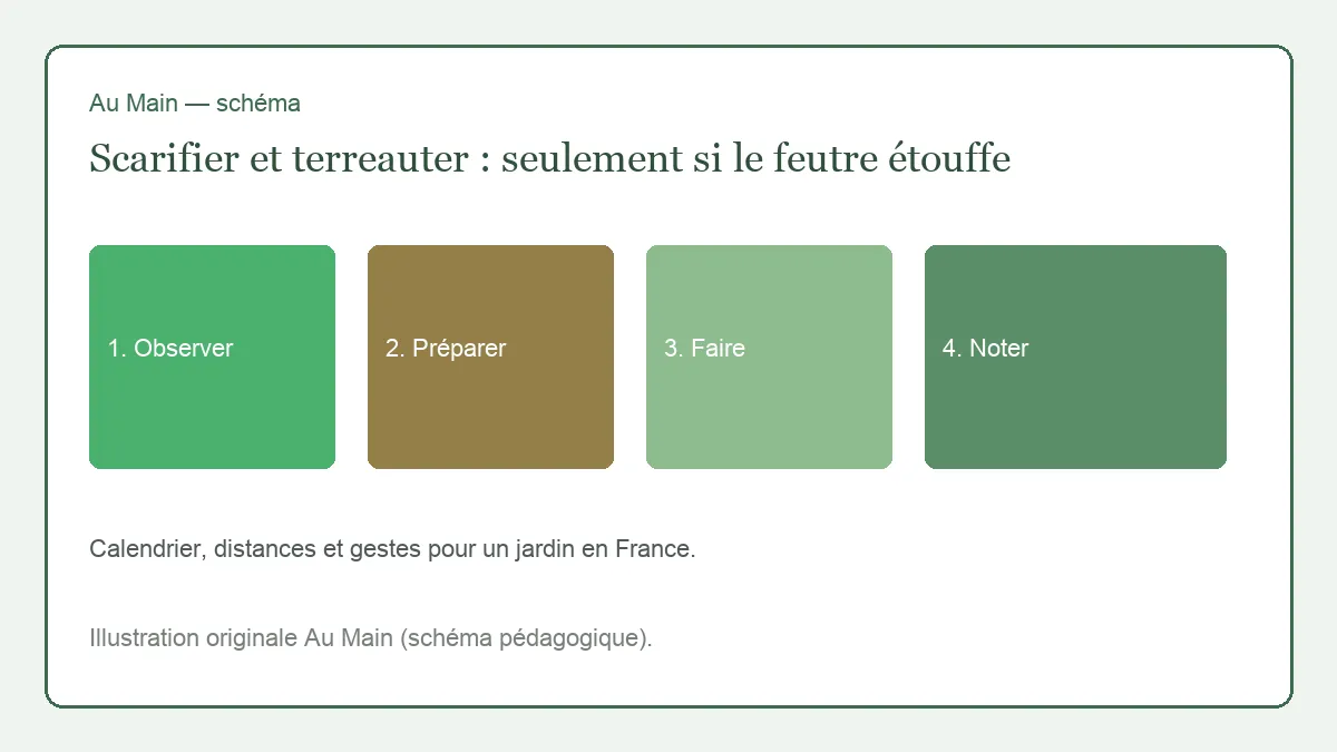 Carotte de gazon coupée au couteau, couche de feutre mesurée entre l’herbe et la terre