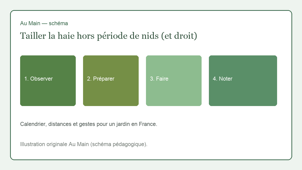 Fil tendu le long d’une haie de charme, sécateur de haie posé, base plus large que le sommet