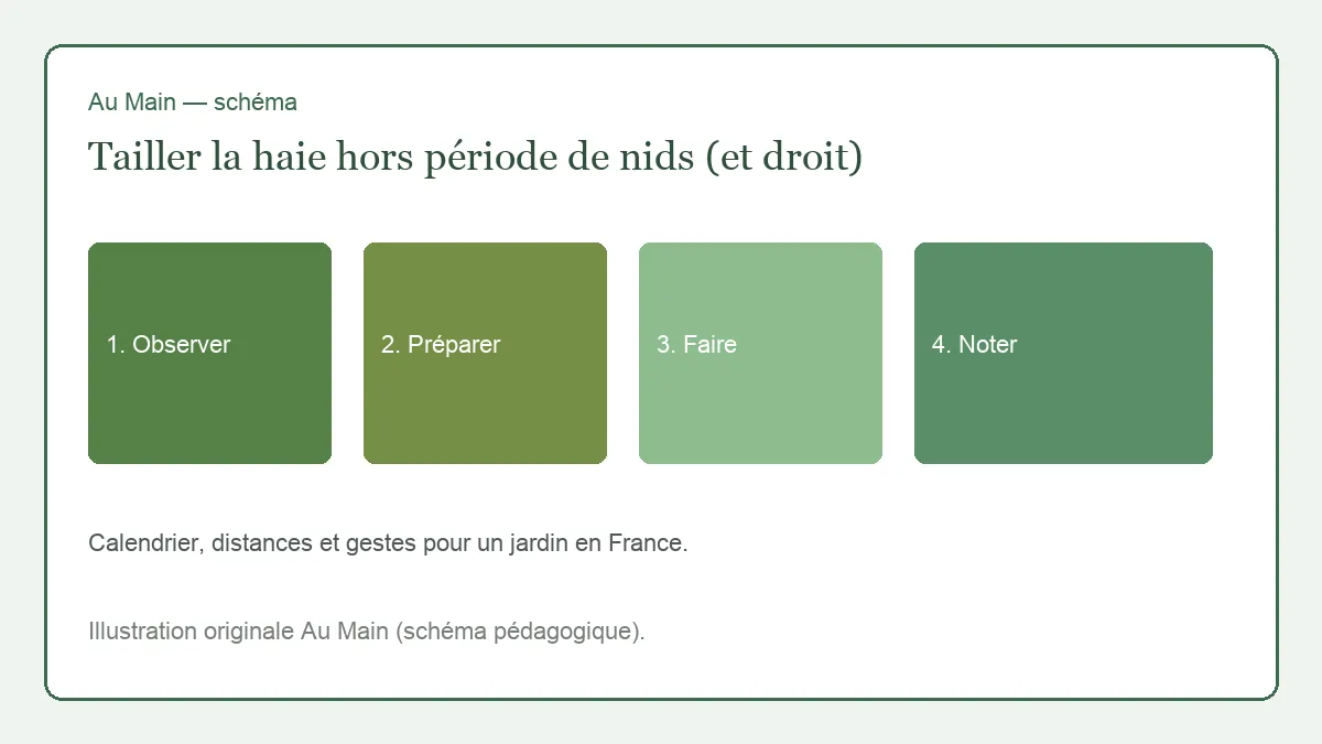 Fil tendu le long d’une haie de charme, sécateur de haie posé, base plus large que le sommet