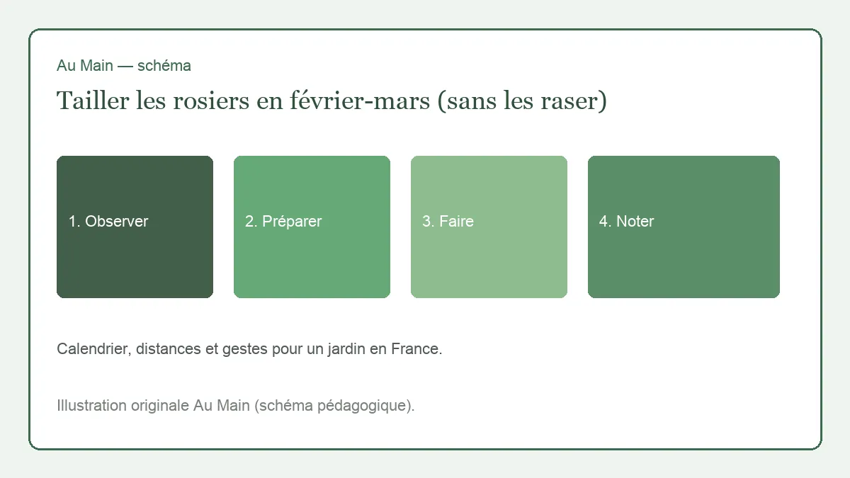Rosier buisson taillé en fin d’hiver, trois à cinq branches charpentières aérées