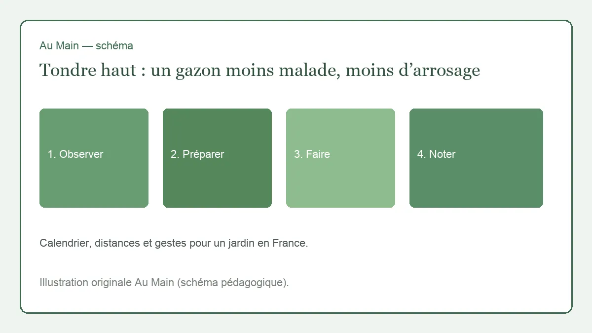 Gazon tondu haut, lame réglée, bande encore longue le long d’une haie