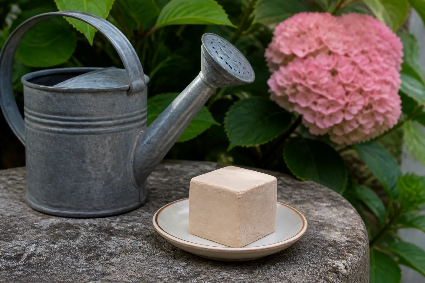 Cube de levure de boulanger et arrosoir, hortensia en fleurs en arrière-plan